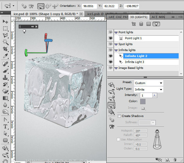 Ice cube 3D photoshop tools tutorial. 3D scene ice cube and cherry inside, ice txture effect in photoshop, ice reflection, 3D rendering, 3D light effects, realistic ice effectt, winterphotoshop  ideas